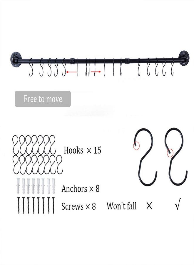 WuGeShop 50.4 inch Hanging Pot Rack Wall Mounted Pot Pans Hanging Rail, Industrial Long Pot Pan Bar With 15 S Hooks, Black Pot Hangers Kitchen Pot and Pan Hanging Rack - Image 3